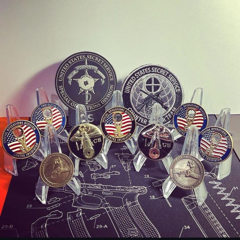 Collection display of police challenge coins